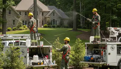 Omaha, NE tree service crew installing deer deterrent protection for trees and landscaping