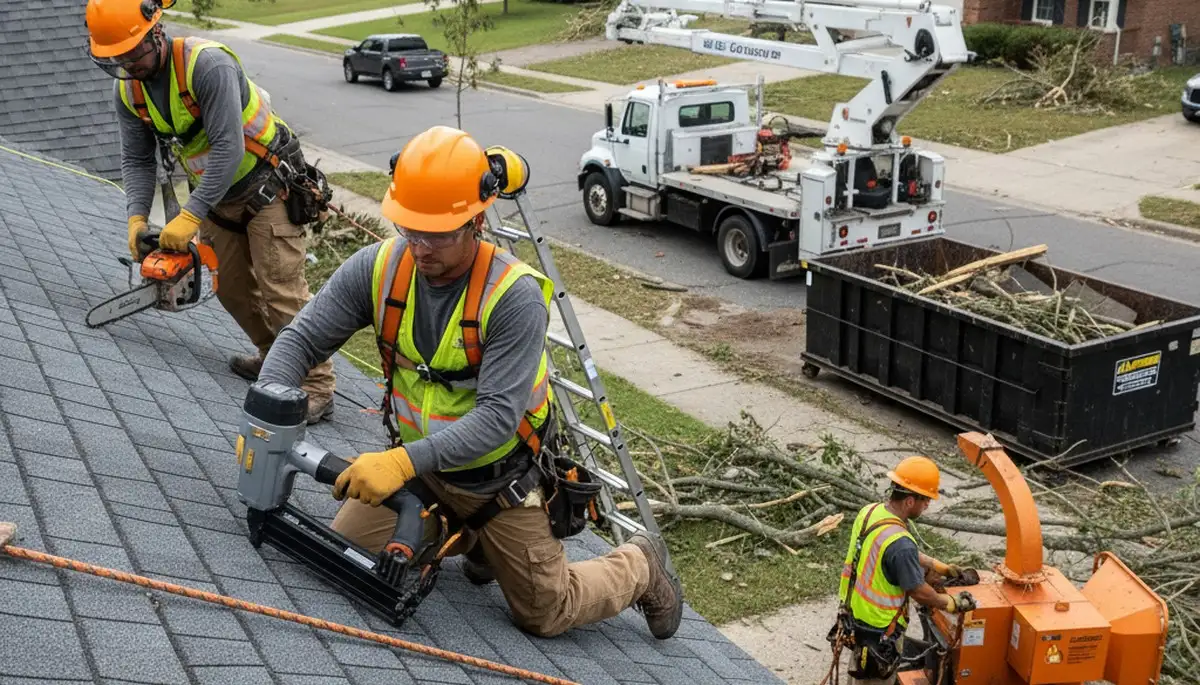 Storm damage cleanup crew removing fallen tree debris in Omaha, NE