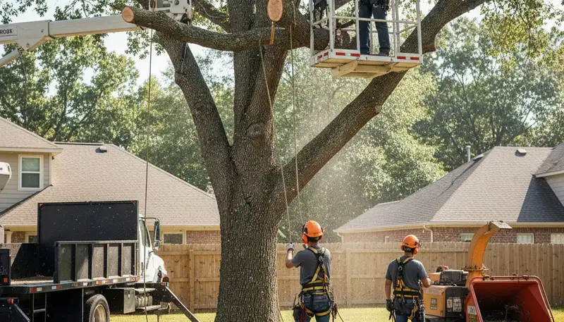 Tree removal crew in Omaha, NE safely cutting a large tree for local property maintenance