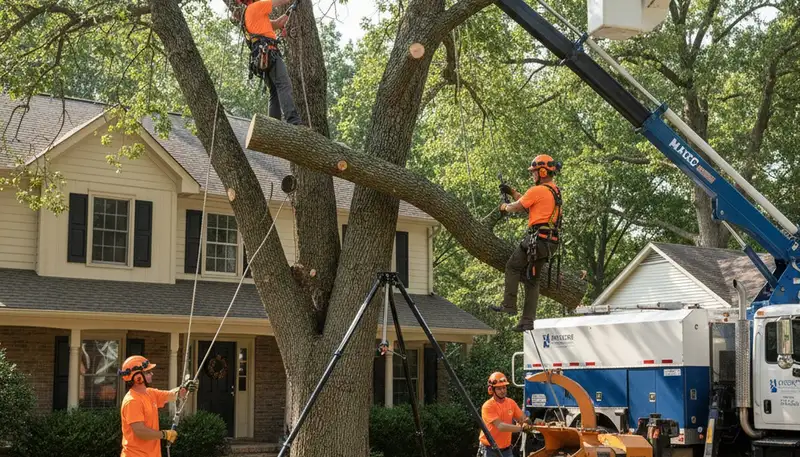 Tree removal crew cutting down a tree in Omaha, NE for safe, local tree service