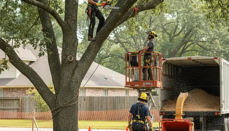 Tree removal crew cutting a tree in Omaha, NE for safe residential tree removal services