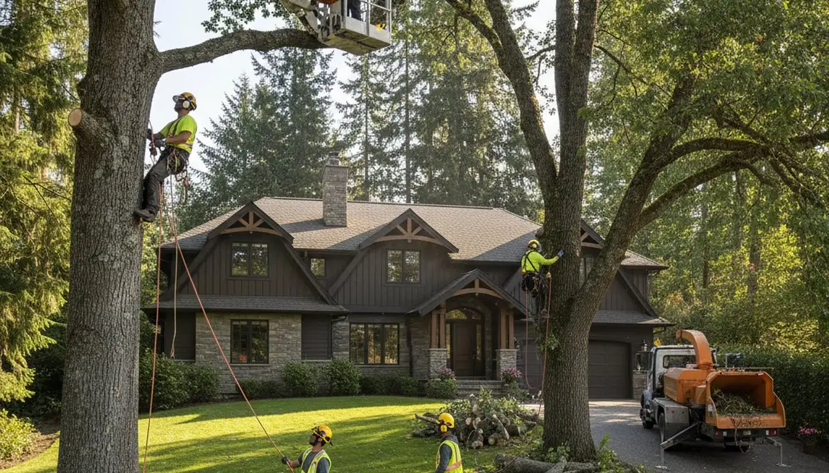 Tree service crew in Omaha, NE providing professional tree removal and cleanup on a residential property