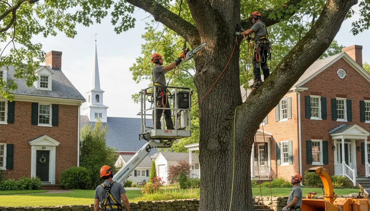 Tree service crew in Omaha, NE removing a hazardous tree for safe property protection