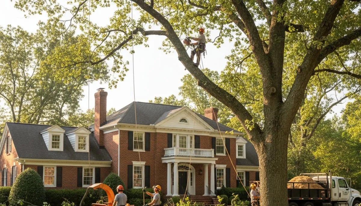Tree service crew in Omaha, NE providing professional tree removal and trimming for local homes