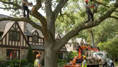 Tree service crew in Omaha, NE removing a hazardous tree for safe residential property care
