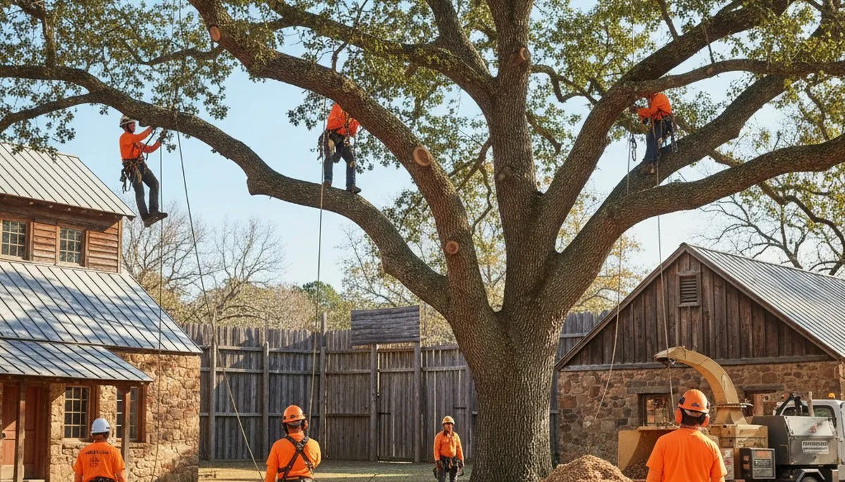 Tree service crew in Omaha, NE removing a tree for safe residential property care