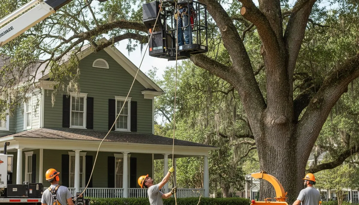 Tree service crew in Omaha, NE performing professional tree removal for a local property