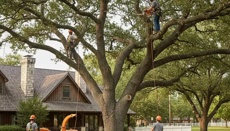 Tree service crew in Omaha, NE removing a tree for residential property maintenance