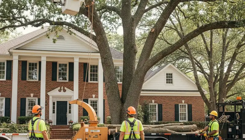 Tree service crew removing a tree in Omaha, NE for safe property clearance