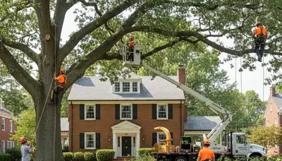 Tree service crew in Omaha, NE providing professional tree removal and trimming on a residential property