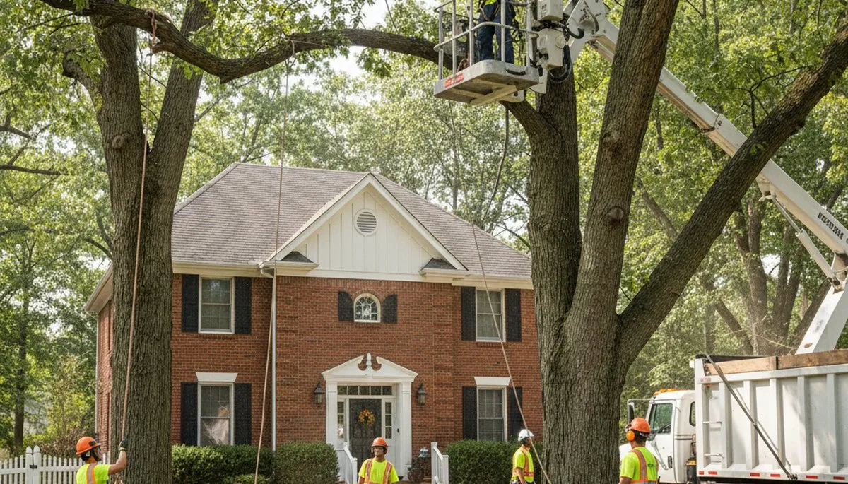 Tree service crew in Omaha, NE providing safe tree removal and trimming for residential property