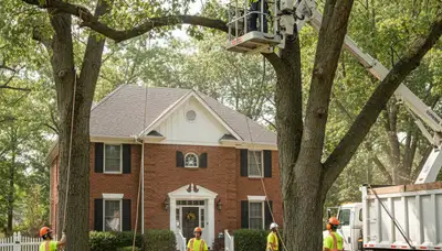 Tree service crew in Omaha, NE providing safe tree removal and trimming for residential property
