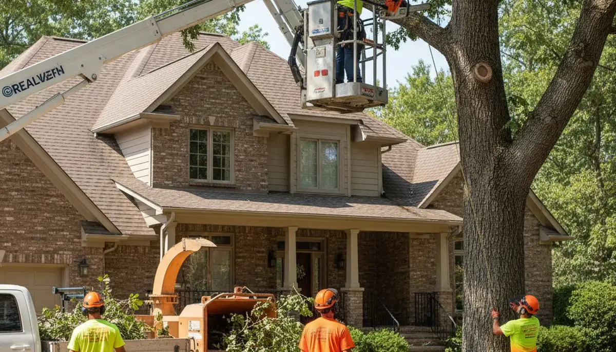 Tree service crew in Omaha, NE performing professional tree removal at a residential property