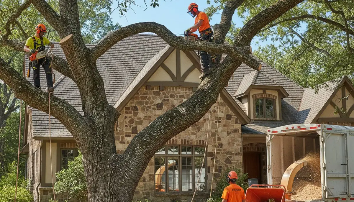 Tree service crew removing a tree in Omaha, NE for safe residential property maintenance